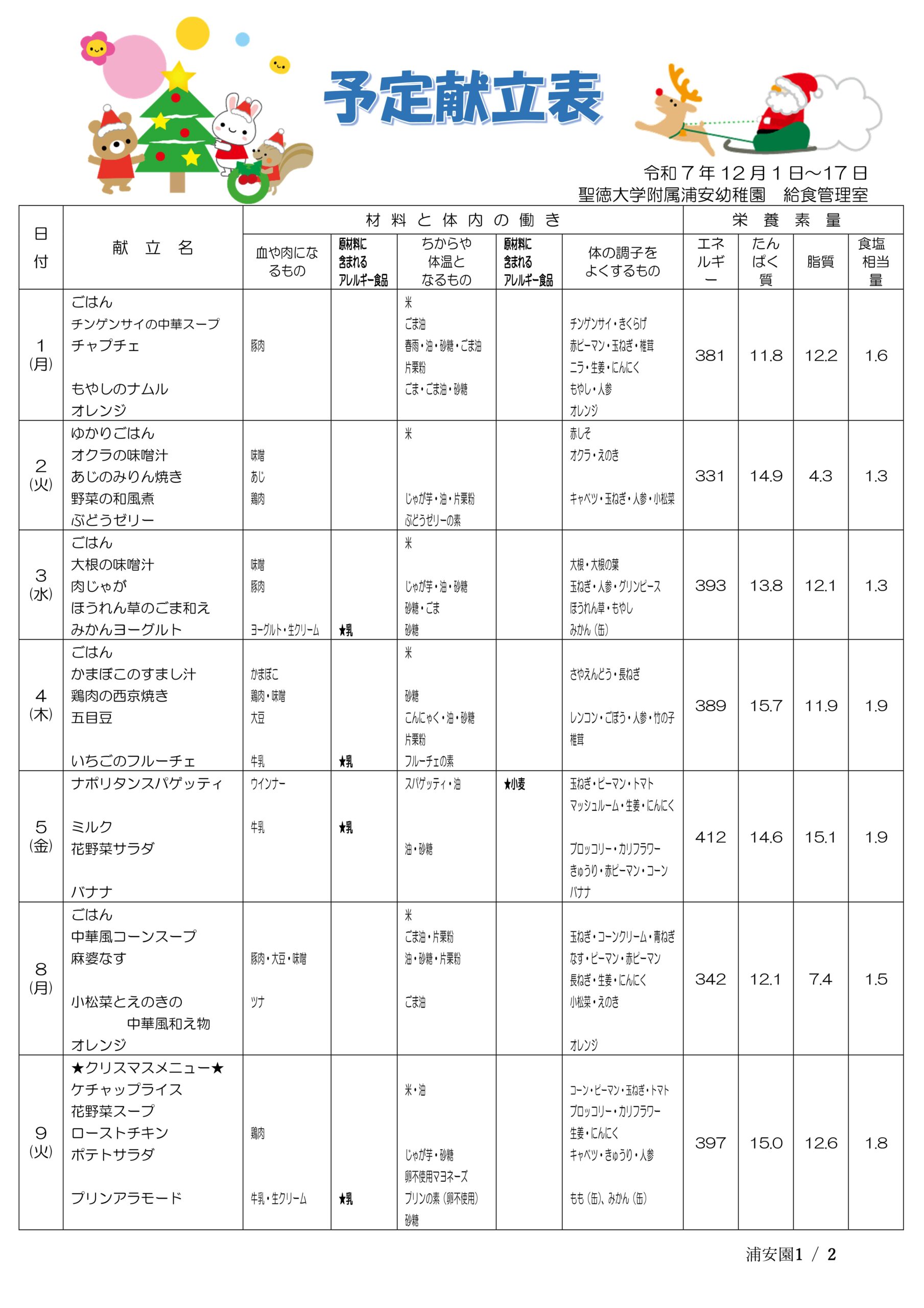 予定献立表（12月） – 聖徳大学附属浦安幼稚園